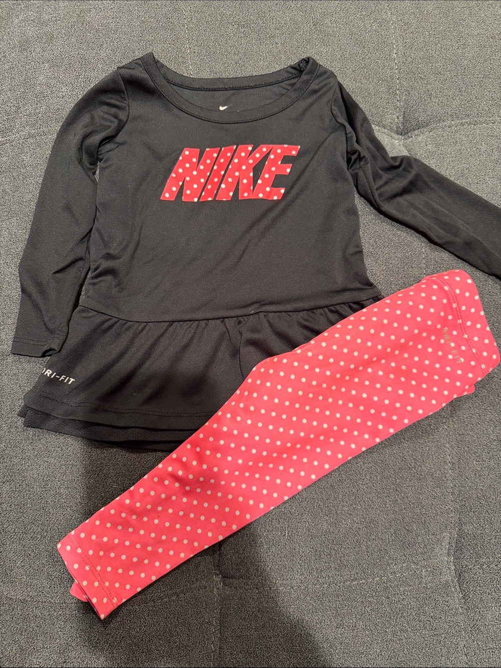 Nike Black Long Sleeve Peplum Top with Pink Polka Dot Leggings